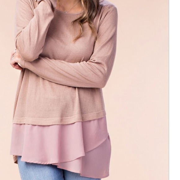 CHIFFON BOTTOM Contrast Long Sleeve Top Mocha - Picture 3 of 5